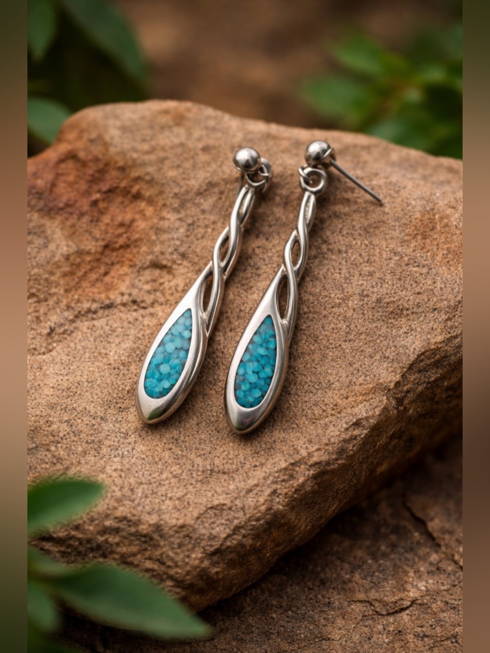 Vintage Sterling Silver Turquoise Inlay Dangle Earrings Original 70s Package